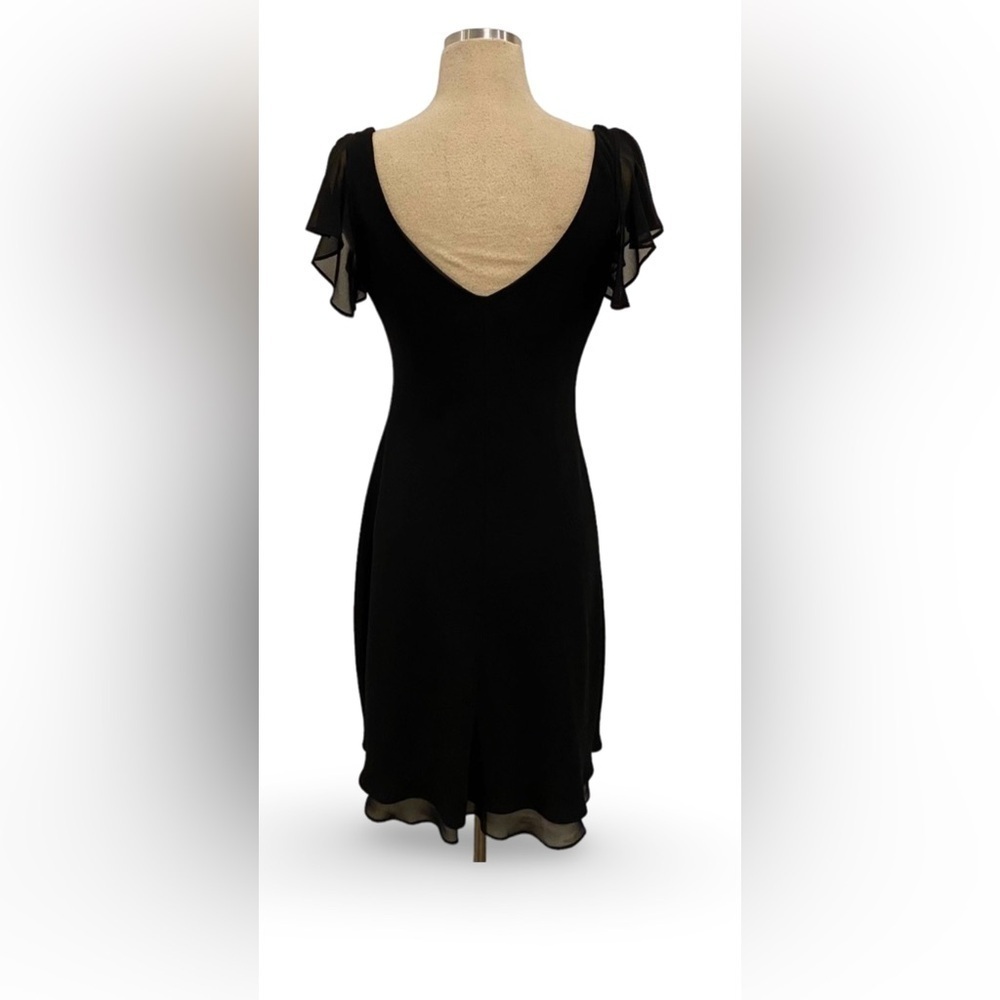 SL FASHIONS💓SZ M💓BLACK FLUTTERED SLEEVE CHIFFON DRESS W ROSE TRIM OPEN BACK - Picture 6 of 16